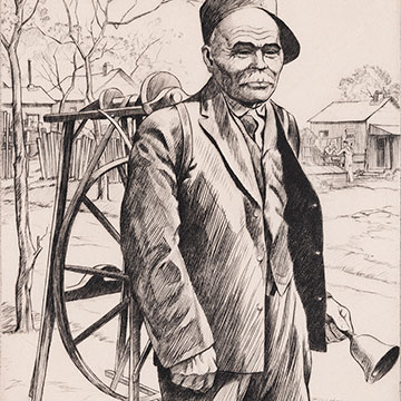 detailed black and white drawing depicting a man in a hat and suit holding a bell and standing in front of a wheeled machine